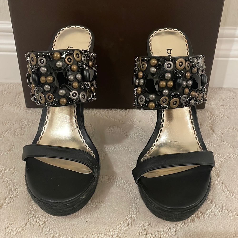Double strap slide black BEBE wedges